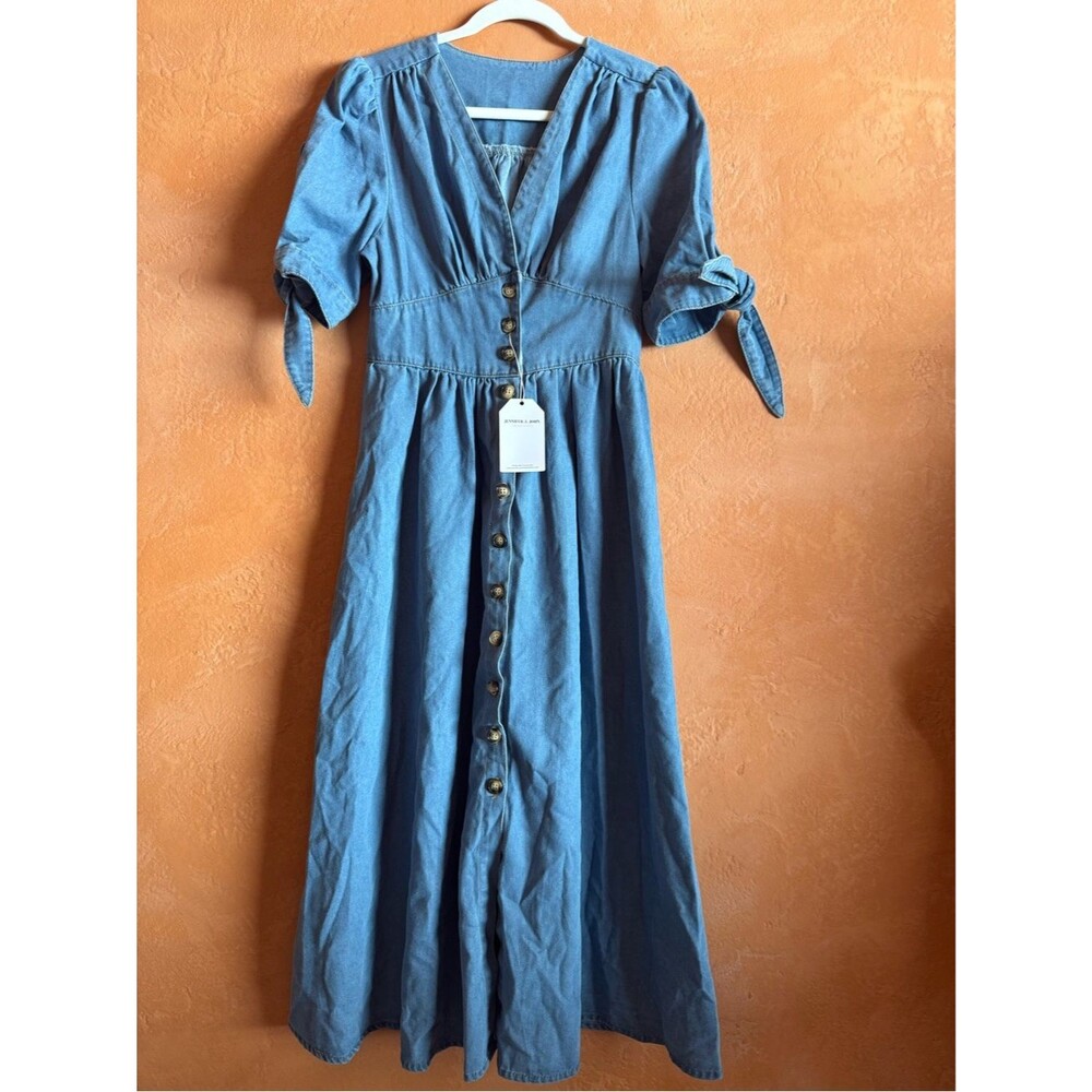 Chambray Prairie Cottagecore Midi Dress Button Front Puff Sleeve Tie Sleeve NWT